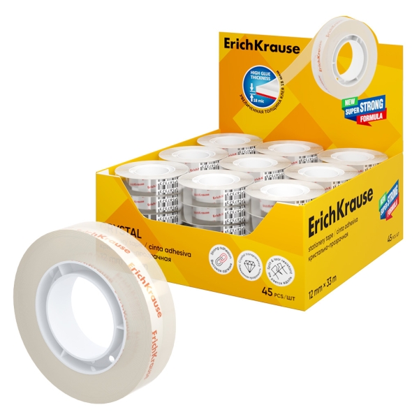 ErichKrause Crystal Expositor con 45 Cintas Adhesivas - Alta Adhesion - 12mm de Ancho - 33 Metros - Resistente al Desgarro Longitudinal - Color Transparente