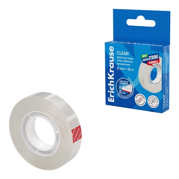 ErichKrause Clear Cinta Adhesiva - Alta Adhesion - 12mm de Ancho - 33 Metros - Resistente a la Luz - Color Transparente