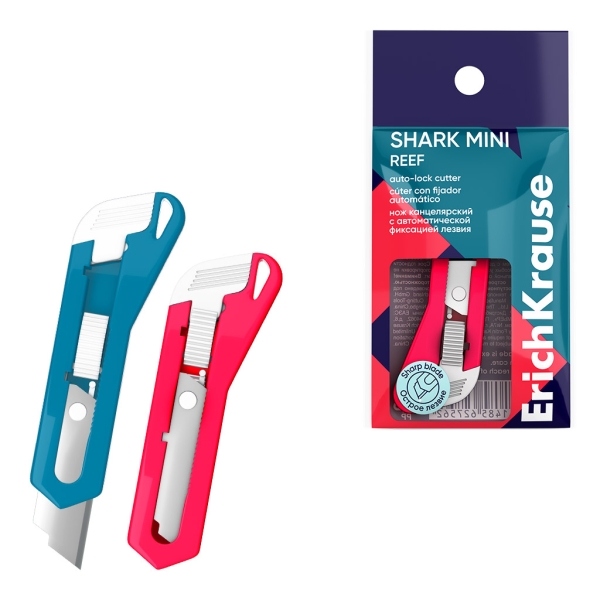 ErichKrause Shark Mini Reef Cuter con Fijador Automatico - Hoja de 13mm de Ancho - Cuerpo en Plastico - Colores Surtidos