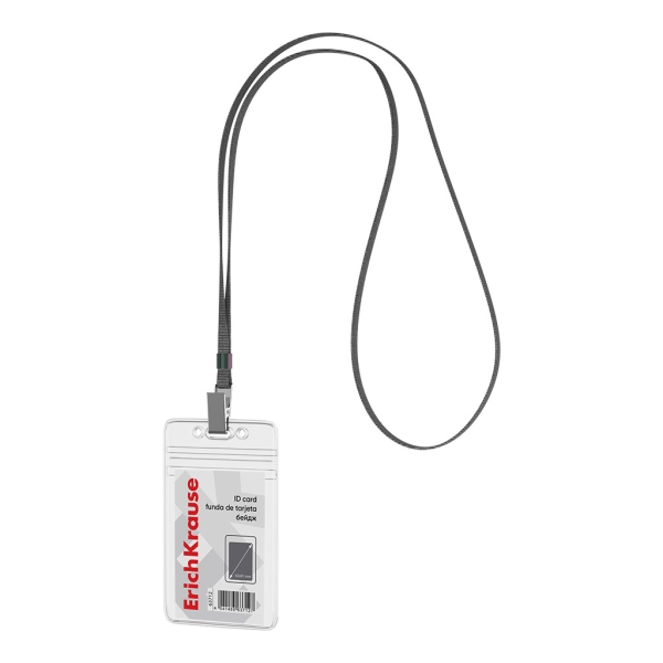 ErichKrause Funda para Tarjeta con Colgante - Orientacion Vertical - PVC - Incluye Colgante de 12mm Negro - Formato 62x91mm - Color Transparente