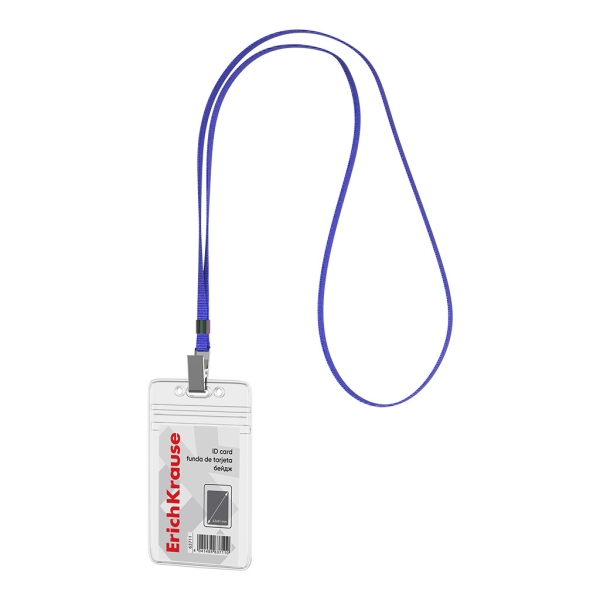 ErichKrause Funda para Tarjeta con Colgante - Orientacion Vertical - PVC - Incluye Colgante Azul - Formato 62x91mm - Color Transparente