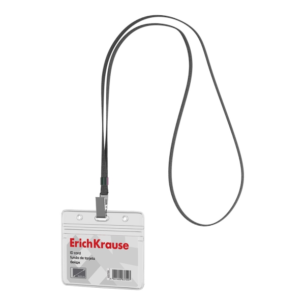 ErichKrause Funda para Tarjeta con Colgante - Orientacion Horizontal - PVC - Incluye Colgante de 12mm Negro - Formato 58X98mm - Color Transparente