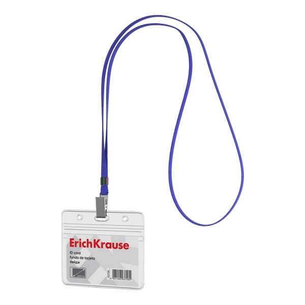 ErichKrause Funda para Tarjeta con Colgante - Orientacion Horizontal - PVC - Incluye Colgante Azul - Formato 58X98mm - Color Transparente