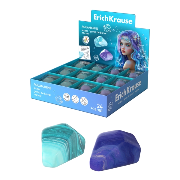 ErichKrause Aquamarine Expositor con 24 Gomas de Borrar - Caucho Termoplastico - Borrado Suave - No Deja Residuos - No Rasga el Papel - Libre de PVC - Colores Surtidos