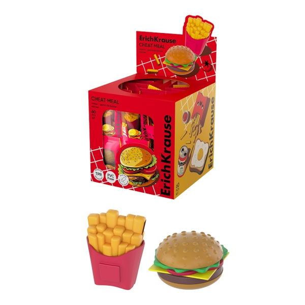 ErichKrause Cheat Meal Expositor con 60 Gomas de Borrar - Caucho Termoplastico - No Deja Residuos - Libre de PVC - Colores Surtidos