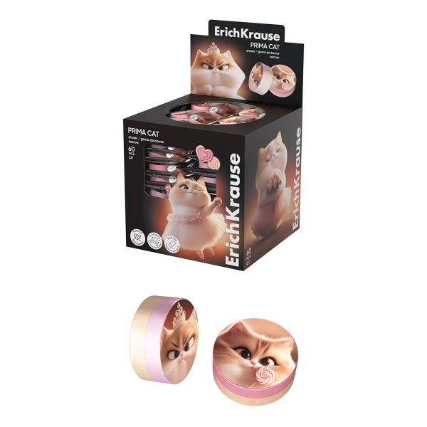 ErichKrause Prima Cat Expositor con 60 Gomas de Borrar - PVC Ecologico - No Deja Residuos - Colores Surtidos