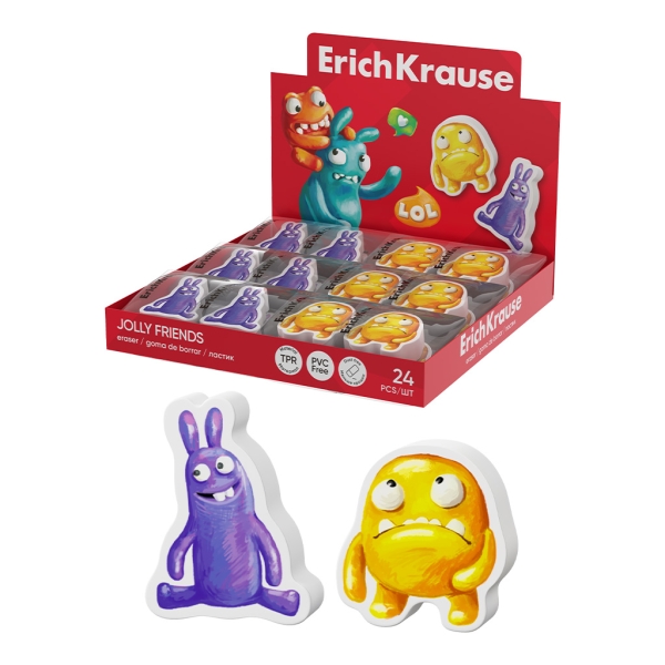 ErichKrause Jolly Friends Expositor con 24 Gomas de Borrar - Caucho Termoplastico - No Deja Residuos - Libre de PVC - Color Varios