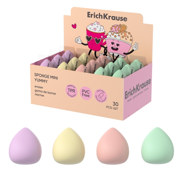 ErichKrause Sponge Mini Yummy Expositor con 30 Gomas de Borrar - Caucho Termoplastico - No Deja Residuos - No Rasga el Papel - Libre de PVC - Colores Surtidos