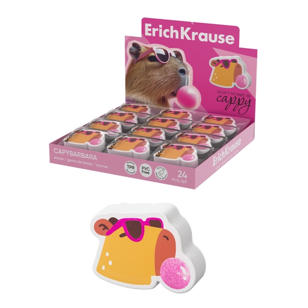 ErichKrause CapyBarbara Expositor con 24 Gomas de Borrar - Caucho Termoplastico - Borrado Suave - No Deja Residuos - No Rasga el Papel - Libre de PVC - Color Varios