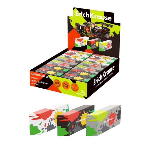ErichKrause Adrenaline Speed Expositor con 36 Gomas de Borrar - Caucho Termoplastico - No Deja Residuos - Libre de PVC - Colores Surtidos