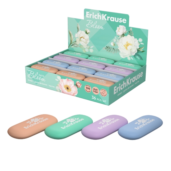 ErichKrause Pastel Bloom Expositor con 36 Gomas de Borrar - Caucho Termoplastico - No Deja Residuos - No Rasga el Papel - Libre de PVC - Colores Surtidos