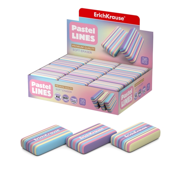 ErichKrause Pastel Lines Expositor con 36 Gomas de Borrar - Caucho Termoplastico - No Deja Residuos - No Rasga el Papel - Libre de PVC - Colores Surtidos