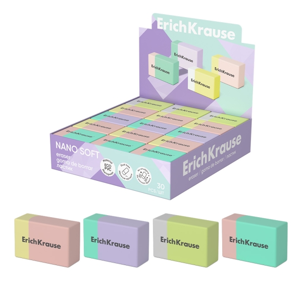 ErichKrause Nano Soft Expositor con 30 Gomas de Borrar - PVC Ecologico - Hipoalergenico - No Deja Residuos - Borrado Suave - Colores Surtidos