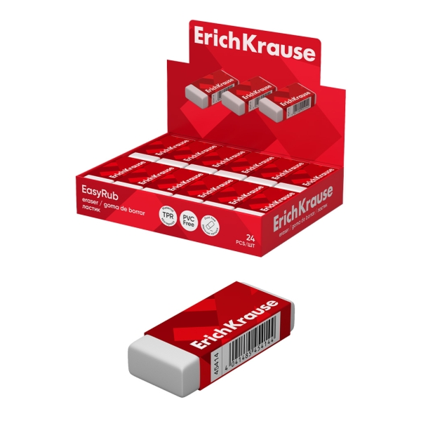 ErichKrause EasyRub Expositor con 24 Gomas de Borrar - Caucho Termoplastico - Hipoalergenico - Libre de PVC - Color Blanco