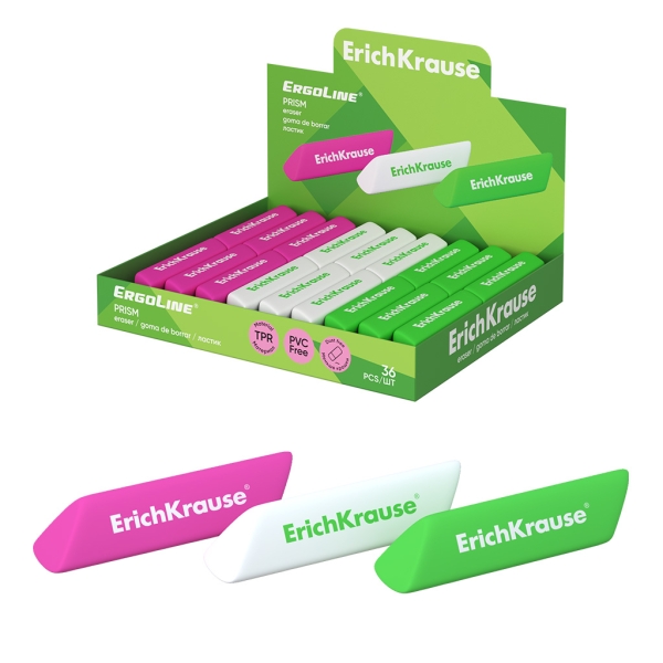 ErichKrause ErgoLine Prism Expositor con 36 Gomas de Borrar - Caucho Termoplastico - Hipoalergenico - No Deja Residuos - Libre de PVC - Colores Surtidos