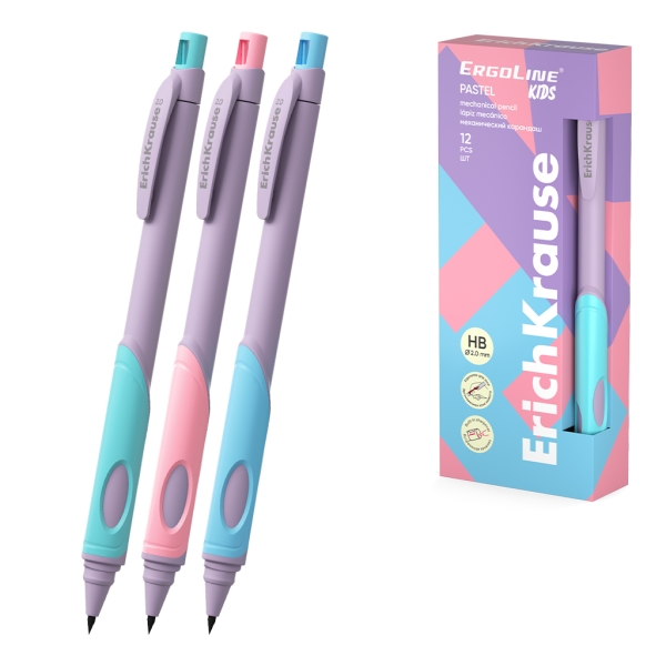 ErichKrause ErgoLine Kids Pastel Portaminas - Mina HB de 2.0mm - Sacapuntas Integrado - Ergonomico - Colores Surtidos