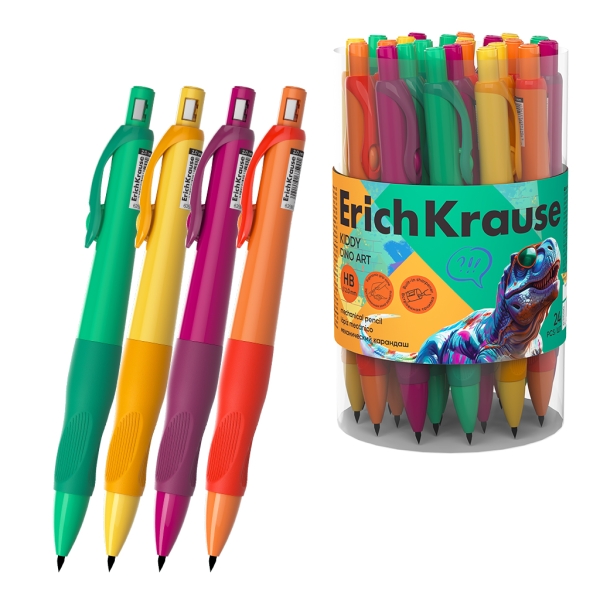 ErichKrause Kiddy Dino Art Portaminas - Mina HB de 2.0mm - Agarre de Goma - Motivo de Dinosaurios - Colores Surtidos