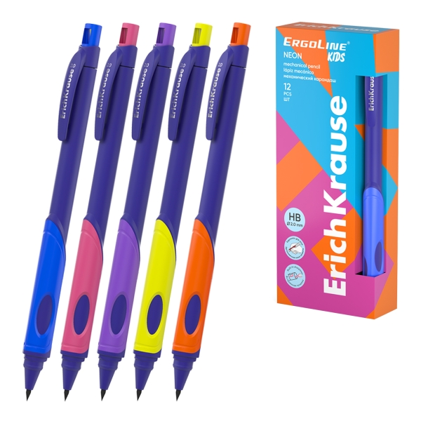 ErichKrause ErgoLine Kids Neon Portaminas - Mina HB de 2.0mm - Sacapuntas Integrado - Ergonomico - Colores Surtidos