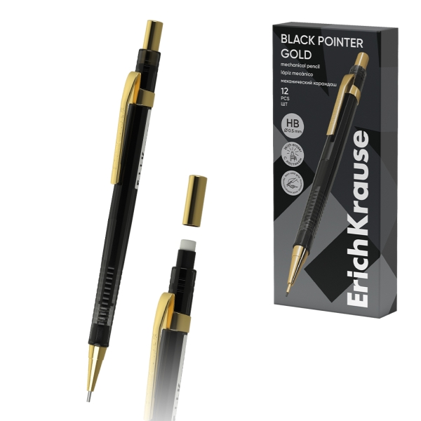 ErichKrause Black Pointer Gold Portaminas - Mina HB de 0.5mm - Goma de Borrar Integrada - Color Negro