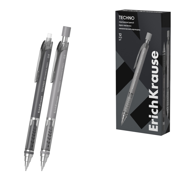 ErichKrause Techno Portaminas - Mina HB de 0.9mm - Goma de Borrar Integrada - Pinza - Cuerpo Redondo - Colores Surtidos