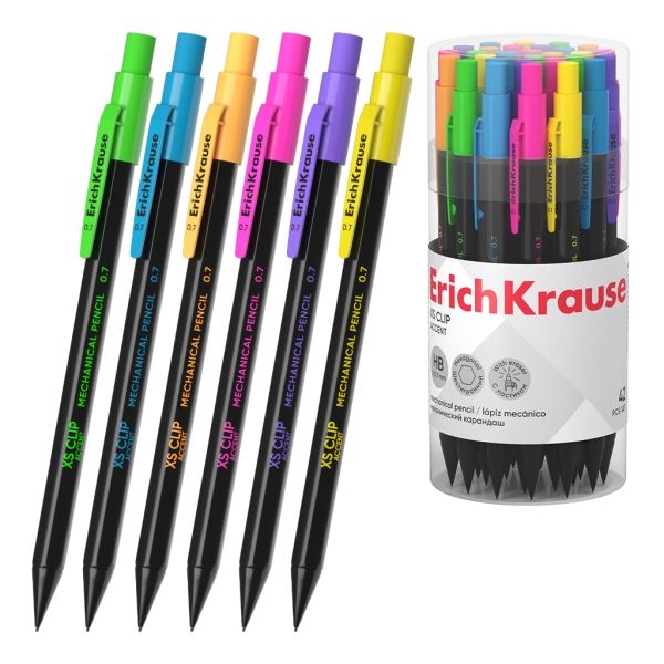ErichKrause XS Clip Accent Portaminas - Mina HB de 0.7mm - Goma de Borrar Integrada - Cuerpo Hexagonal - Colores Surtidos