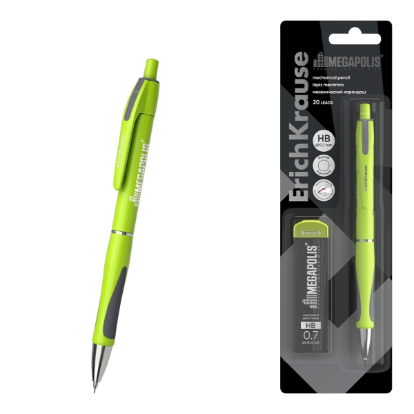 ErichKrause MEGAPOLIS Concept Portaminas - Mina HB de 0.7mm - 20 Minas de Repuesto - Agarre de Goma - Ergonomico - Color Verde