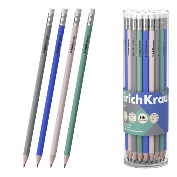 ErichKrause Navy Lapiz de Grafito con Goma de Borrar - Mina HB - Cuerpo Redondo - Colores Surtidos