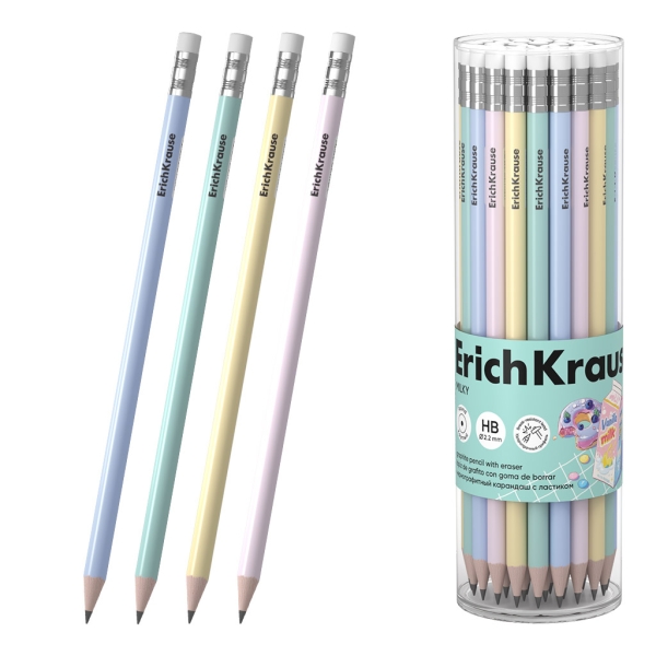 ErichKrause Milky Lapiz de Grafito con Goma de Borrar - Mina HB - Cuerpo Redondo - Agarre Ergonomico - Colores Surtidos