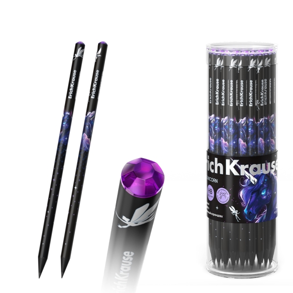 ErichKrause Black Unicorn Lapiz de Grafito - Mina HB - Cuerpo Redondo - Agarre Ergonomico - Colores Surtidos