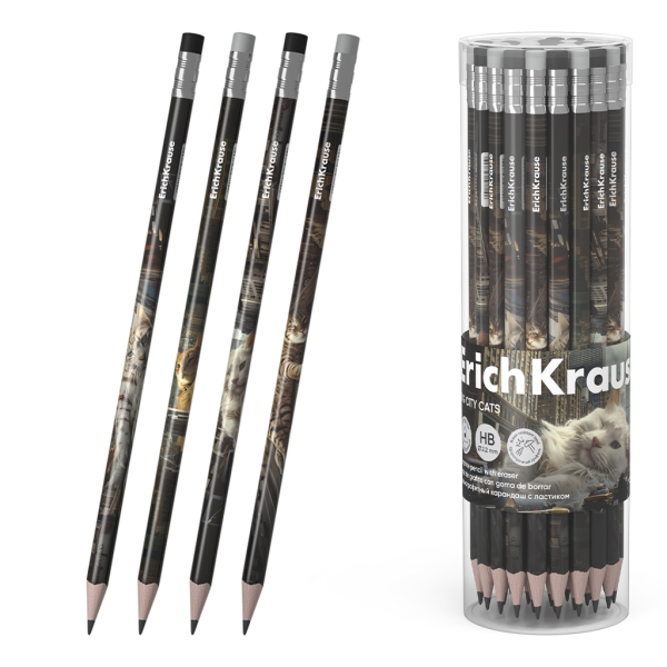 ErichKrause Big City Cats Lapiz de Grafito con Goma de Borrar - Mina HB - Cuerpo Triangular - Agarre Ergonomico - Colores Surtidos