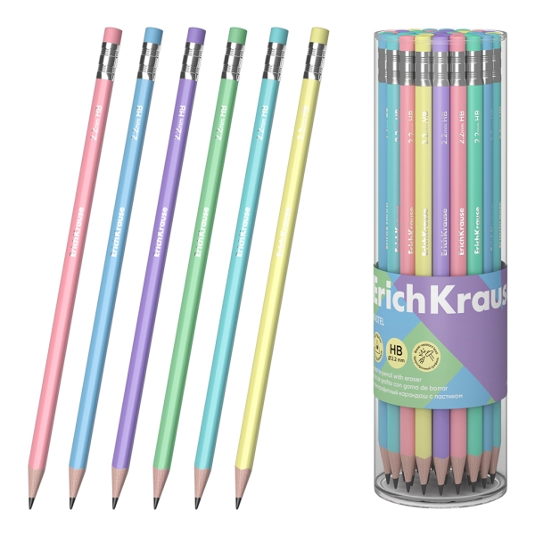ErichKrause Pastel Lapiz de Grafito con Goma de Borrar - Mina HB - Cuerpo Triangular - Agarre Ergonomico - Colores Surtidos