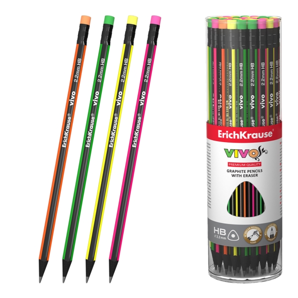 ErichKrause VIVO Lapiz de Grafito con Goma de Borrar - Mina HB - Cuerpo Triangular - Facil Afilado - Agarre Ergonomico - Colores Surtidos