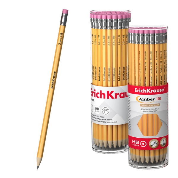 ErichKrause Amber 101 Lapiz de Grafito con Goma de Borrar - Mina HB - Cuerpo Hexagonal - Color Amarillo