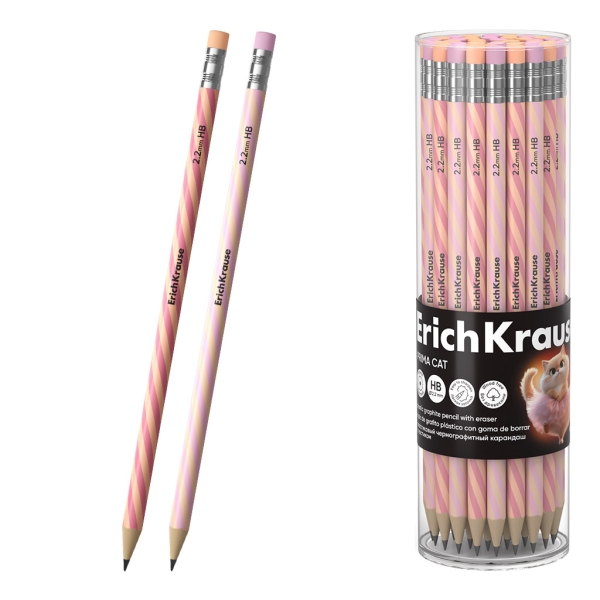 ErichKrause Prima Cat Lapiz de Grafito con Goma de Borrar - Mina HB - Cuerpo Redondo - Plastico - Agarre Ergonomico - Colores Surtidos