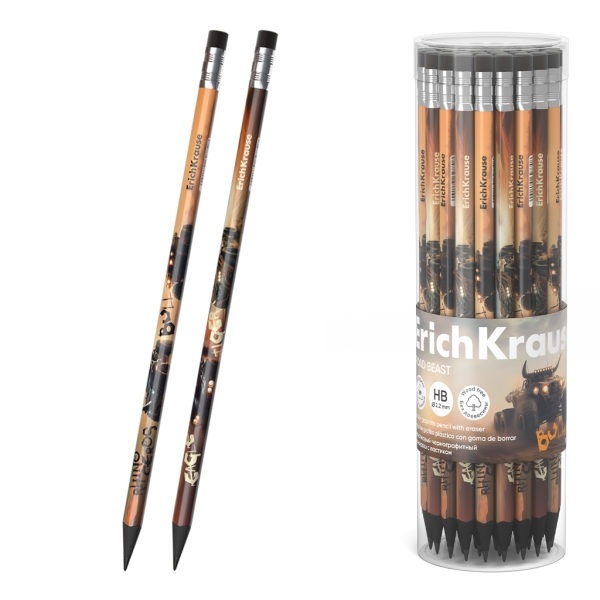 ErichKrause Road Beast Lapiz de Grafito con Goma de Borrar - Mina HB - Cuerpo Triangular - Plastico - Colores Surtidos