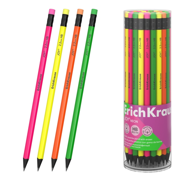 ErichKrause JOY Neon Lapiz de Grafito con Goma de Borrar - Mina HB - Cuerpo Redondo - Plastico - Agarre Ergonomico - Colores Surtidos