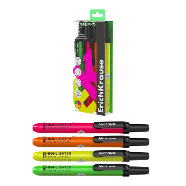 ErichKrause Visioline RV-70 Clicky Neon Pack de 4 Marcadores Fluorescentes - Retractil - Punta Biselada - Trazo de 1.0mm a 3.5mm - Colores Surtidos
