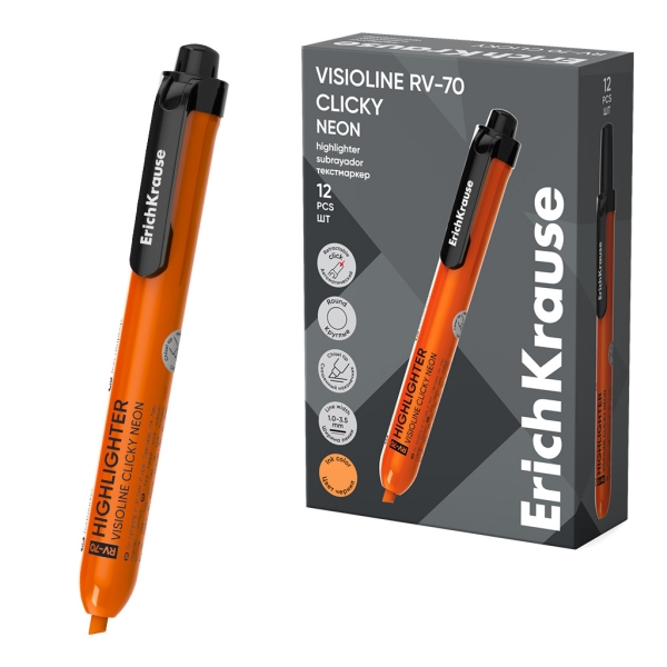 ErichKrause Visioline RV-70 Clicky Neon Marcador Fluorescente - Retractil - Punta Biselada - Trazo de 1.0mm a 3.5mm - Color Naranja
