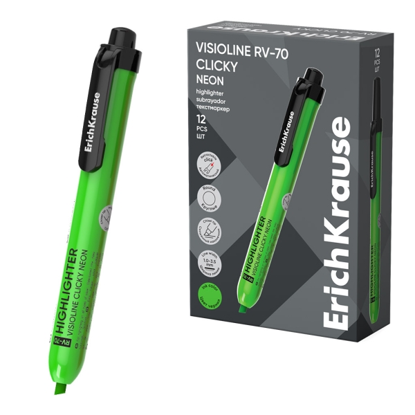 ErichKrause Visioline RV-70 Clicky Neon Marcador Fluorescente - Retractil - Punta Biselada - Trazo de 1.0mm a 3.5mm - Color Verde