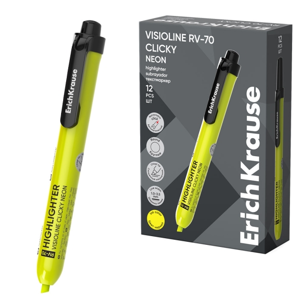 ErichKrause Visioline RV-70 Clicky Marcador Fluorescente - Retractil - Punta Biselada - Trazo de 1.0mm a 3.5mm - Color Amarillo