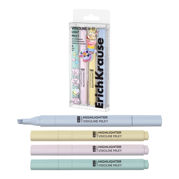 ErichKrause Visioline V-17 Light Milky Pack de 4 Marcadores Fluorescentes - Punta Biselada - Trazo de 0.6 a 3.0mm - Colores Pastel Surtidos