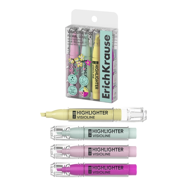 ErichKrause Visioline V-22 Floral Soul Pack de 4 Marcadores Fluorescentes - Punta Biselada - Trazo de 0.6 a 3.0mm - Colores Surtidos