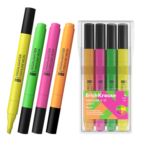 ErichKrause Visioline V-17 light Neon Pack de 4 Marcadores Fluorescentes - Punta Biselada - Trazo de 0.6 a 3.0mm - Colores Surtidos