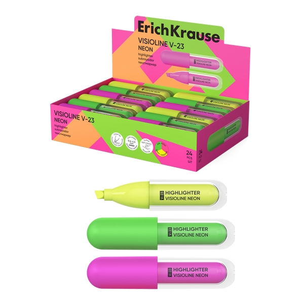 ErichKrause Visioline V-23 Neon Expositor con 24 Marcadores Fluorescentes - Punta Biselada - Trazo de 0.6 a 4.5mm - Colores Surtidos