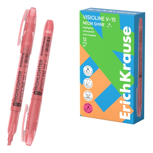 ErichKrause Visioline V-15 Neon Shine Marcador Fluorescente - Punta Biselada - Trazo de 0.6 a 3.5mm - Color Rosa