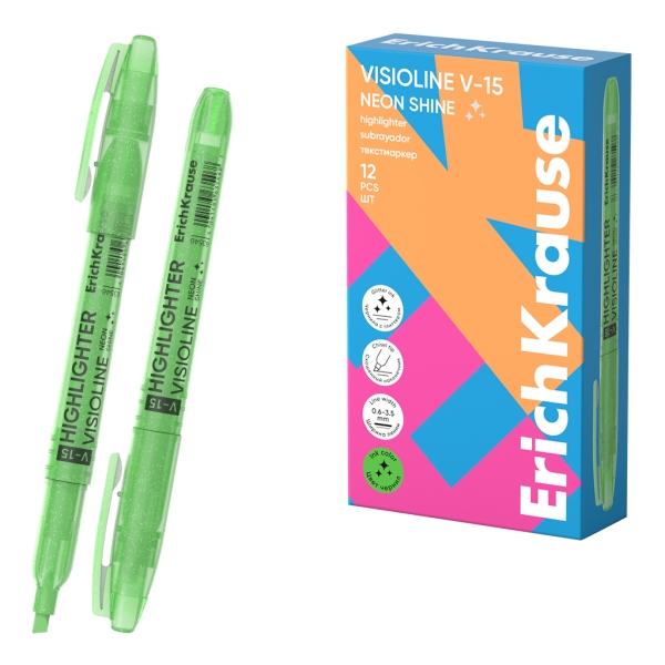 ErichKrause Visioline V-15 Neon Shine Marcador Fluorescente - Punta Biselada - Trazo de 0.6 a 3.5mm - Color Verde