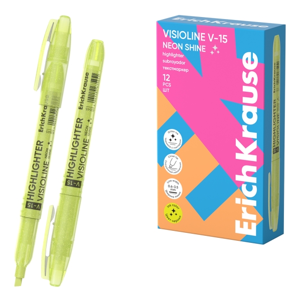 ErichKrause Visioline V-15 Neon Shine Marcador Fluorescente - Punta Biselada - Trazo de 0.6 a 3.5mm - Color Amarillo