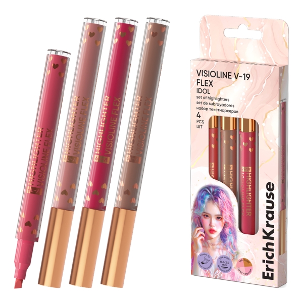 ErichKrause Visioline V-19 Flex Idol Pack de 4 Marcadores Fluorescentes - Punta Biselada - Trazo de 0.6 a 3.5mm - Colores Surtidos