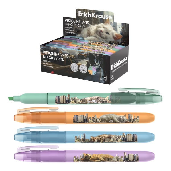ErichKrause Visioline V-15 Big City Cats Expositor de 12 Marcadores Fluorescentes - Punta Biselada - Trazo de 0.6 a 3.5mm - Colores Surtidos