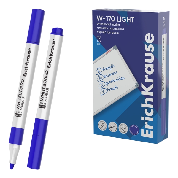 ErichKrause W-170 light Rotulador para Pizarra Blanca - Facil de Borrar - Punta Conica - Trazo de 2.5mm - Secado Rapido - Cuerpo Triangular - Color Azul